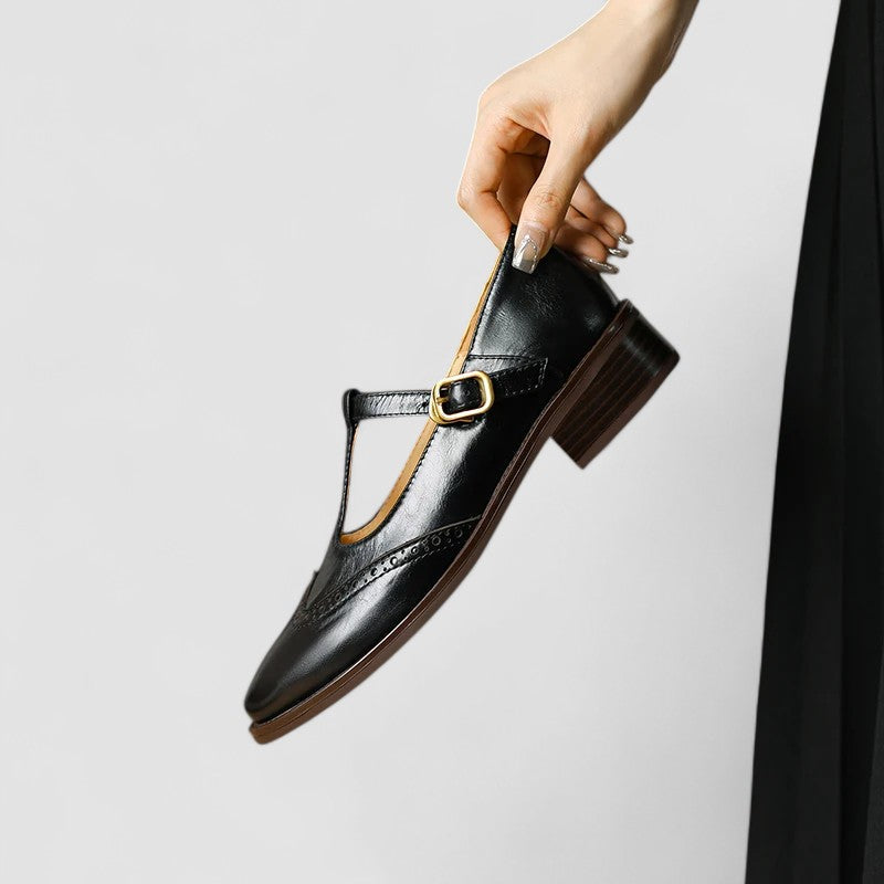 Stylish Leather T Strap Oxford for Women with Wingtip Brogue Buckle Low Block Heel Style