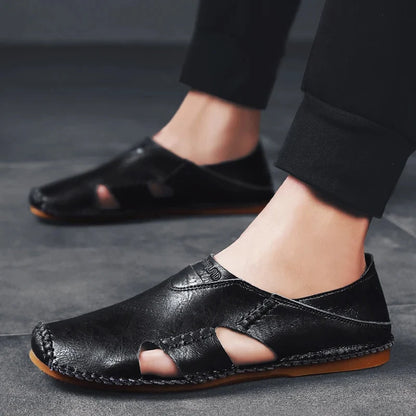 Effortless Leather Cutout Sandal for Women with Round Toe Slip On Hand Stitched Casual Style