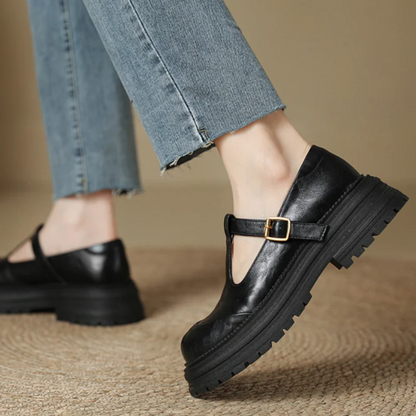 Stylish Leather Mary Jane Shoes for Women with T Strap Buckle Chunky Platform Style