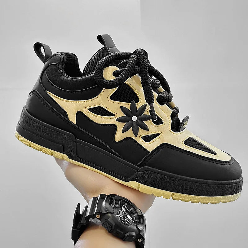 Stylish Mesh Fashion Sneakers for Women with Floral Applique Lace Up Chunky Platform Casual Style