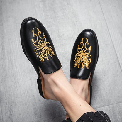 Stylish Embroidered Dragon Mule Loafer for Women with Backless Round Toe Slip On Style