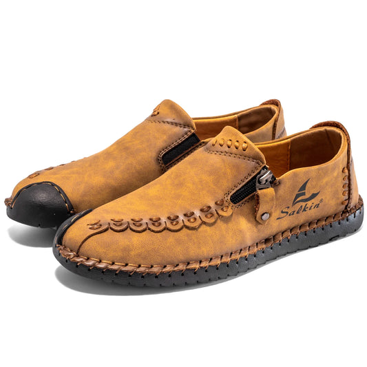 Effortless Faux Leather Slip-On Loafer for Women with Hand Stitched Moc Toe Zipper Detail Casual Style