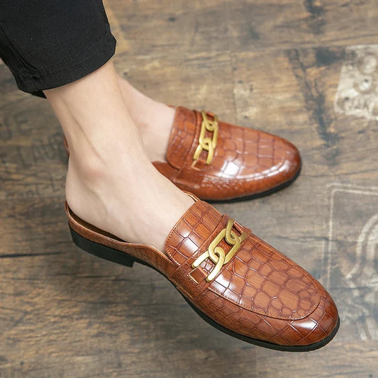 Elegant Croc Embossed Leather Loafer Mule for Women with Chain Buckle Pointed Toe Backless Style