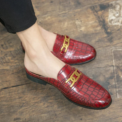 Elegant Croc Embossed Leather Loafer Mule for Women with Chain Buckle Pointed Toe Backless Style