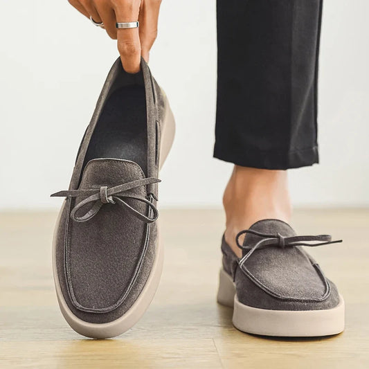 Effortless Suede Loafer Mule for Women with Bow Tie Round Toe Platform Sole Casual Style