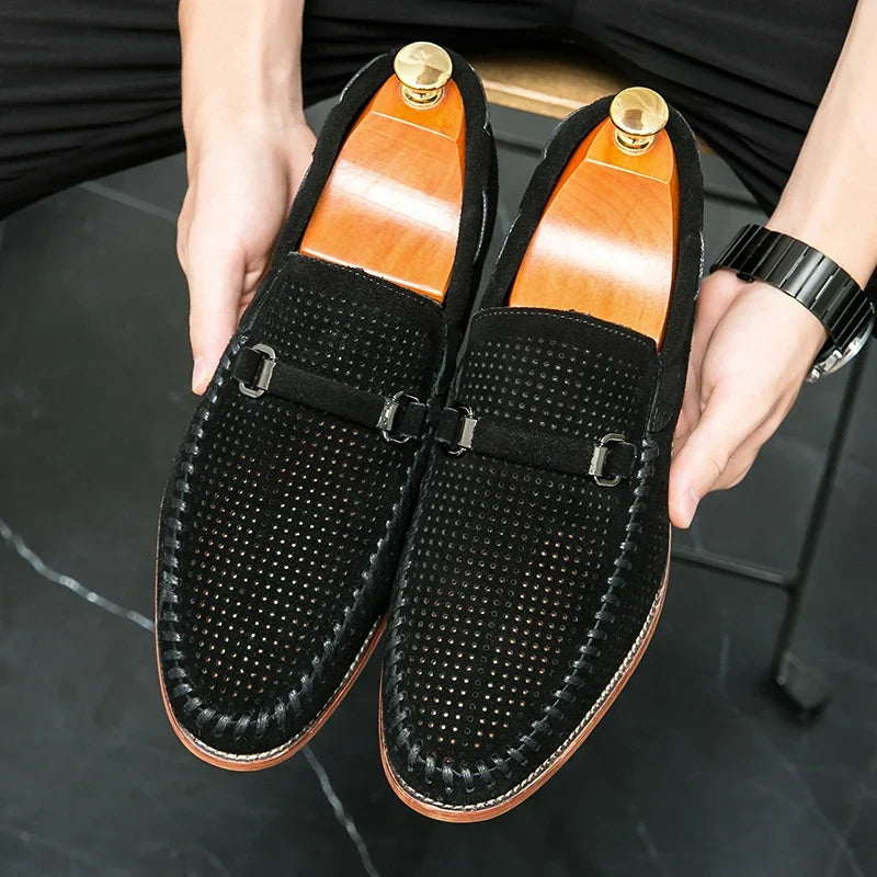 Elegant Suede Loafer for Women with Perforated Horsebit Buckle Hand Stitched Casual Style