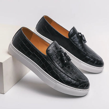 Stylish Croc Embossed Leather Tassel Loafers for Women with Round Toe Slip On Platform Sole Casual Style