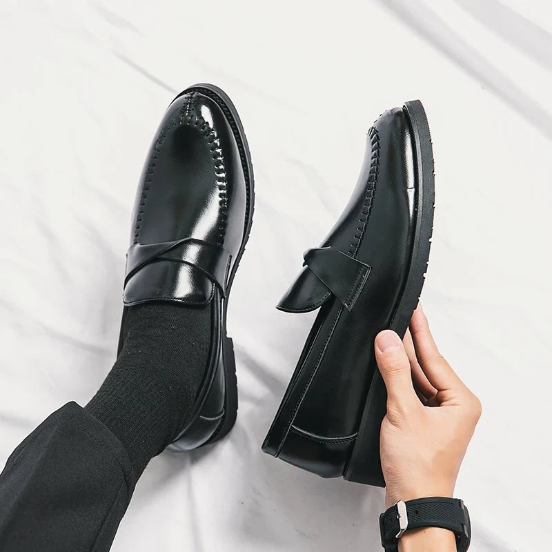 Elegant Leather Penny Loafers for Women with Crisscross Strap Stitched Toe Casual Style