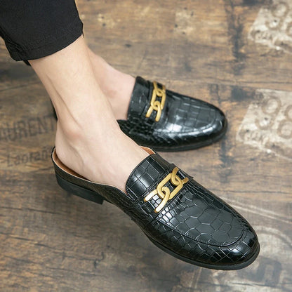Elegant Croc Embossed Leather Loafer Mule for Women with Chain Buckle Pointed Toe Backless Style