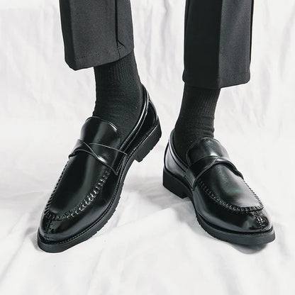 Elegant Leather Penny Loafers for Women with Crisscross Strap Stitched Toe Casual Style