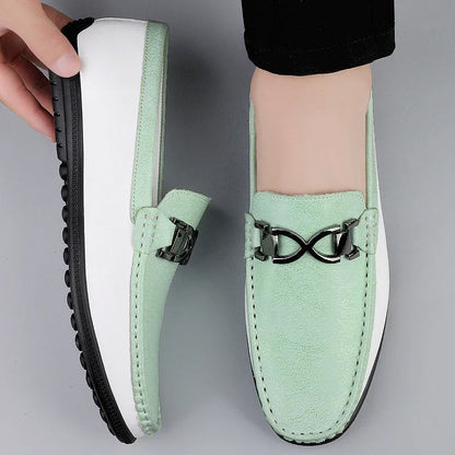 Stylish Leather Driving Loafer for Women with Slip-On Round Toe Metal Buckle Two Tone Casual Style