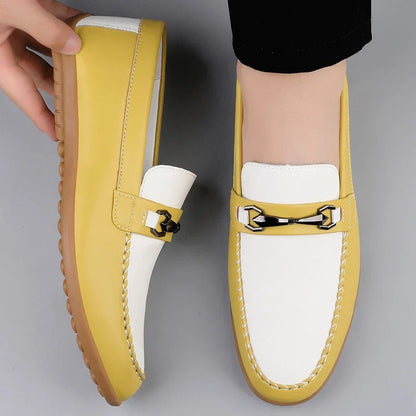 Effortless Leather Loafers for Women with Chain Buckle Contrast Stitch Rubber Sole Casual Style