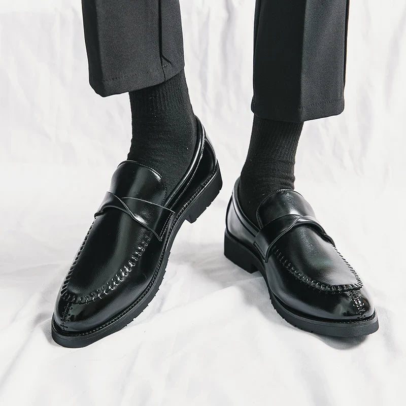 Elegant Leather Penny Loafers for Women with Crisscross Strap Stitched Toe Casual Style