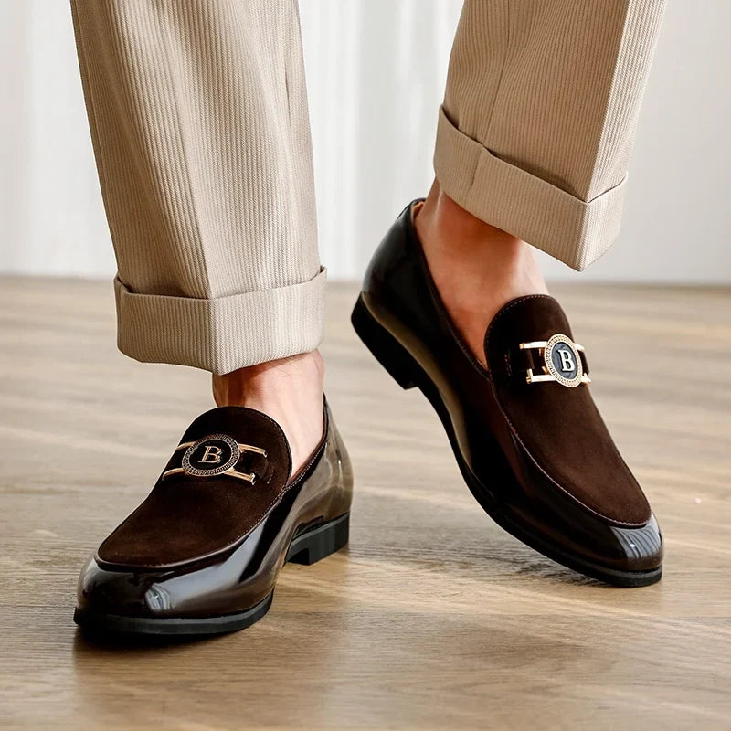 Elegant Suede Loafer for Women with Metallic Buckle Slip-On Patent Cap Toe Formal Style