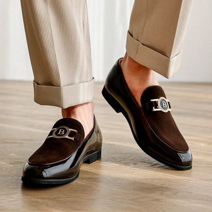 Elegant Suede Loafer for Women with Metallic Buckle Slip-On Patent Cap Toe Formal Style