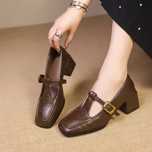 Elegant Leather Mary Jane Pump for Women with Square Toe T Strap Buckle Block Heel Vintage Style