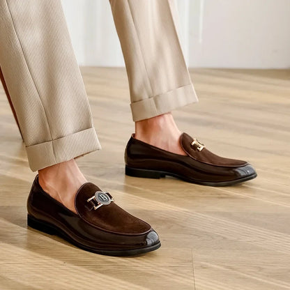 Elegant Suede Loafer for Women with Metallic Buckle Slip-On Patent Cap Toe Formal Style
