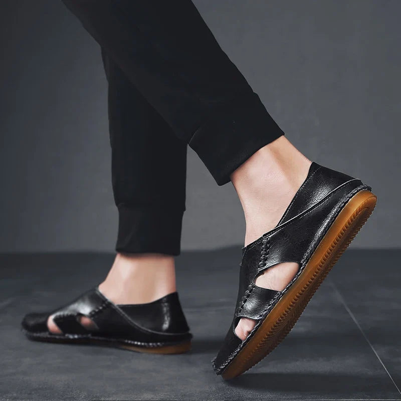 Effortless Leather Cutout Sandal for Women with Round Toe Slip On Hand Stitched Casual Style