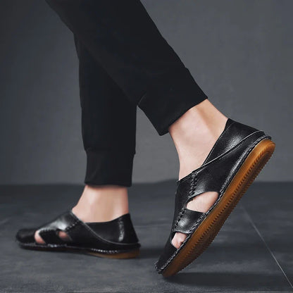 Effortless Leather Cutout Sandal for Women with Round Toe Slip On Hand Stitched Casual Style