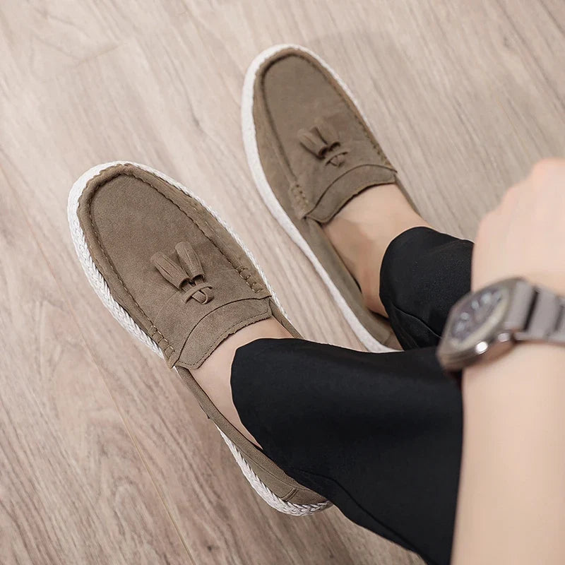 Effortless Suede Tassel Loafer for Women with Braided Trim Slip On Espadrille Style
