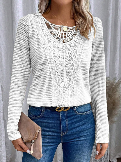 Effortless Waffle Knit Sweater for Women with Round Neck Long Sleeve Crochet Lace Boho Style
