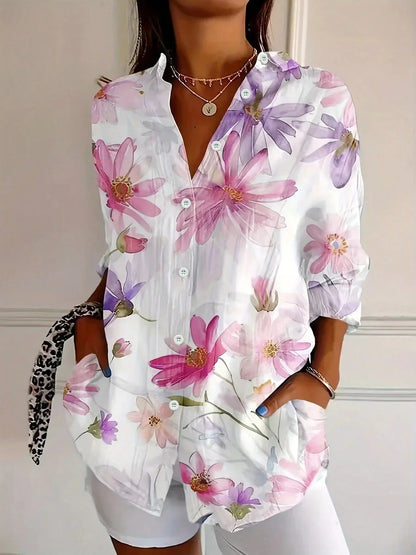 Effortless Floral Print Blouse for Women with Collar Long Sleeve Button Front Relaxed Style