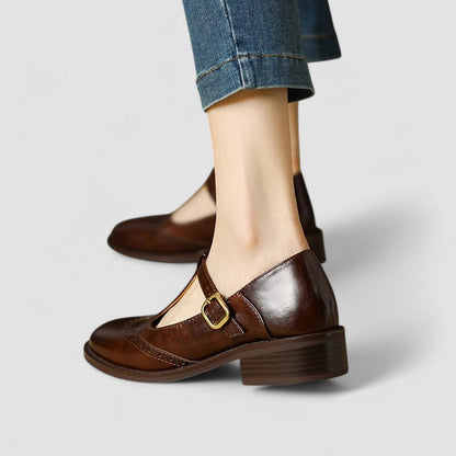 Stylish Leather T Strap Oxford for Women with Wingtip Brogue Buckle Low Block Heel Style