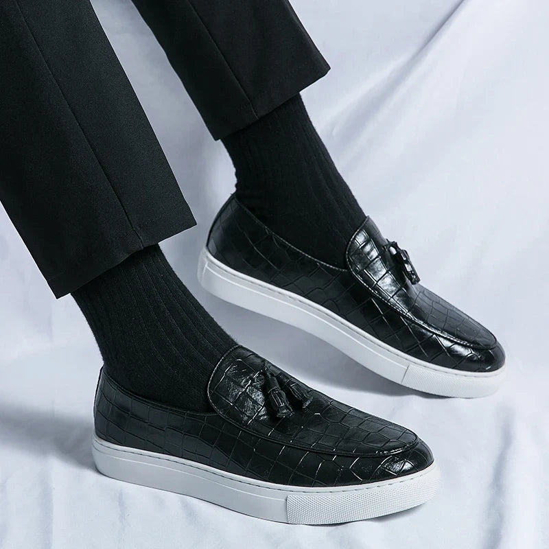 Stylish Croc Embossed Leather Tassel Loafers for Women with Round Toe Slip On Platform Sole Casual Style