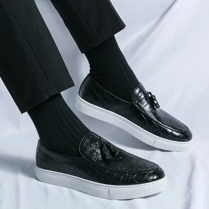 Stylish Croc Embossed Leather Tassel Loafers for Women with Round Toe Slip On Platform Sole Casual Style