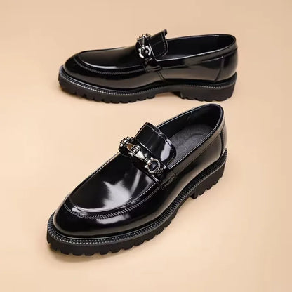Elegant Leather Loafer for Women with Horsebit Buckle Almond Toe Chunky Lug Sole Style