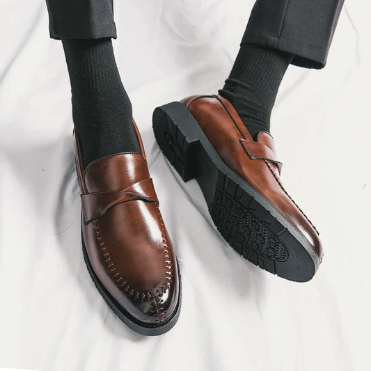 Elegant Leather Penny Loafers for Women with Crisscross Strap Stitched Toe Casual Style