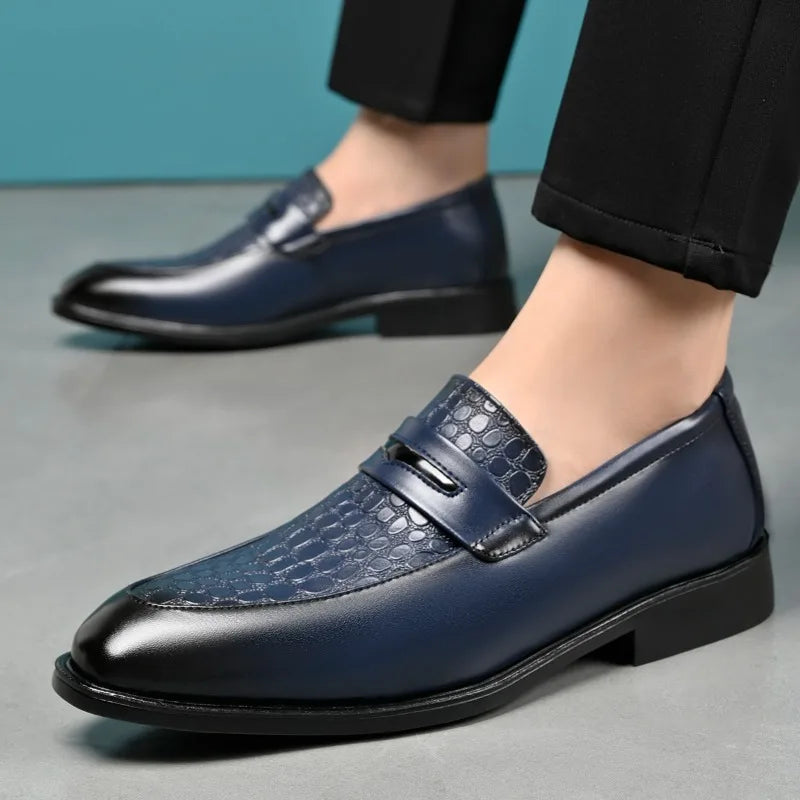 Elegant Croc Embossed Penny Loafers for Women with Pointed Toe Slip On Block Heel Formal Style