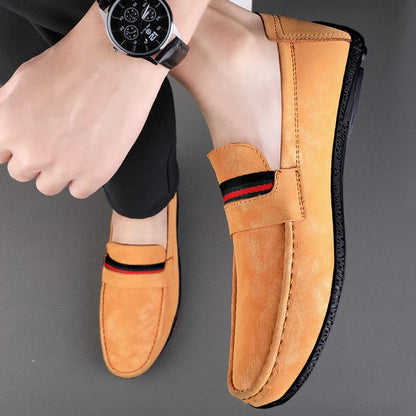 Comfortable Suede Driving Loafer for Women with Striped Ribbon Trim Slip On Casual Style