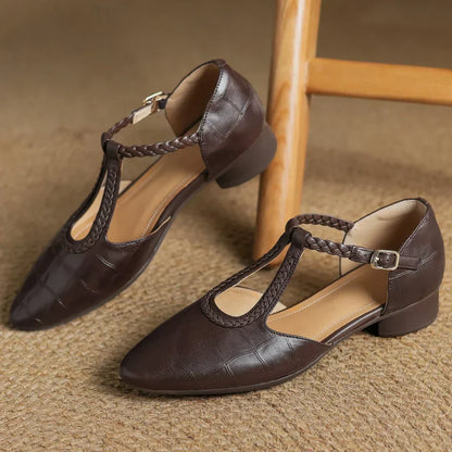 Elegant Croc Embossed T-Strap Flats for Women with Braided Strap Pointed Toe Block Heel Style