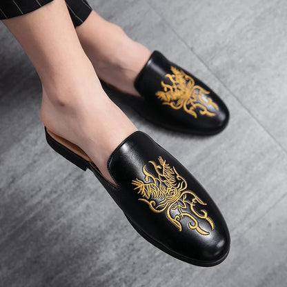 Stylish Embroidered Dragon Mule Loafer for Women with Backless Round Toe Slip On Style