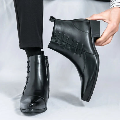Elegant Leather Ankle Boots for Women with Pointed Toe Side Zip Block Heel Style
