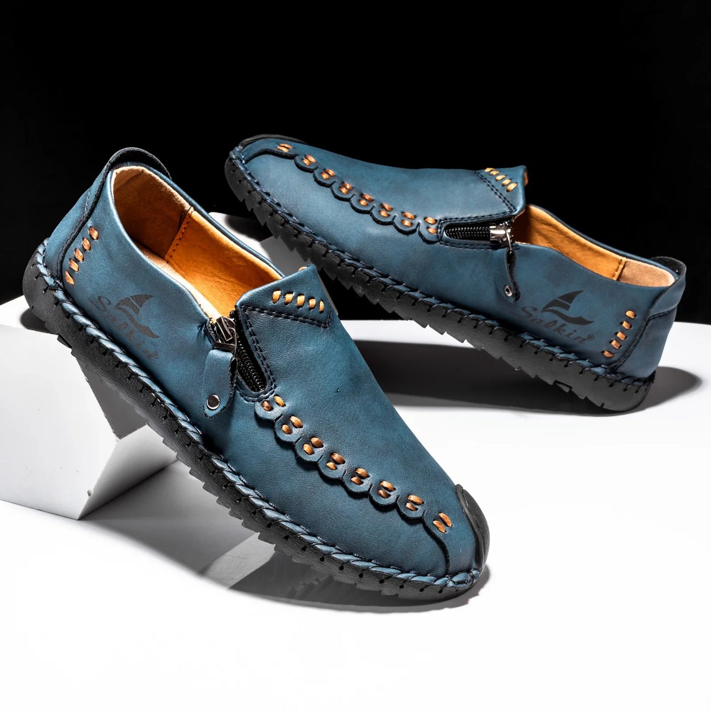 Effortless Faux Leather Slip-On Loafer for Women with Hand Stitched Moc Toe Zipper Detail Casual Style