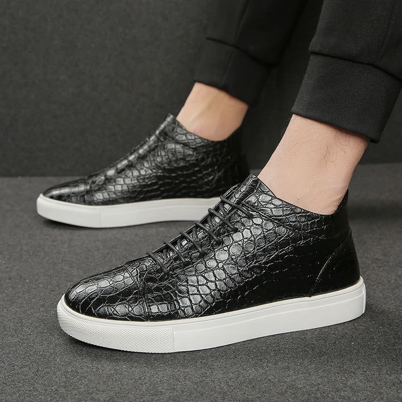 Stylish Crocodile Embossed Leather Sneakers for Women with Lace Up High Top Casual Style