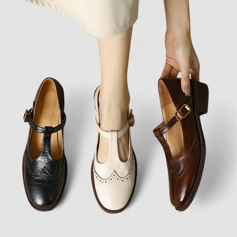 Stylish Leather T Strap Oxford for Women with Wingtip Brogue Buckle Low Block Heel Style