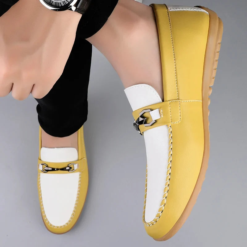 Effortless Leather Loafers for Women with Chain Buckle Contrast Stitch Rubber Sole Casual Style