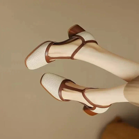 Elegant Perforated Leather T-Strap Sandal for Women with Square Toe Block Heel Buckle Ankle Vintage Style