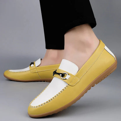Effortless Leather Loafers for Women with Chain Buckle Contrast Stitch Rubber Sole Casual Style