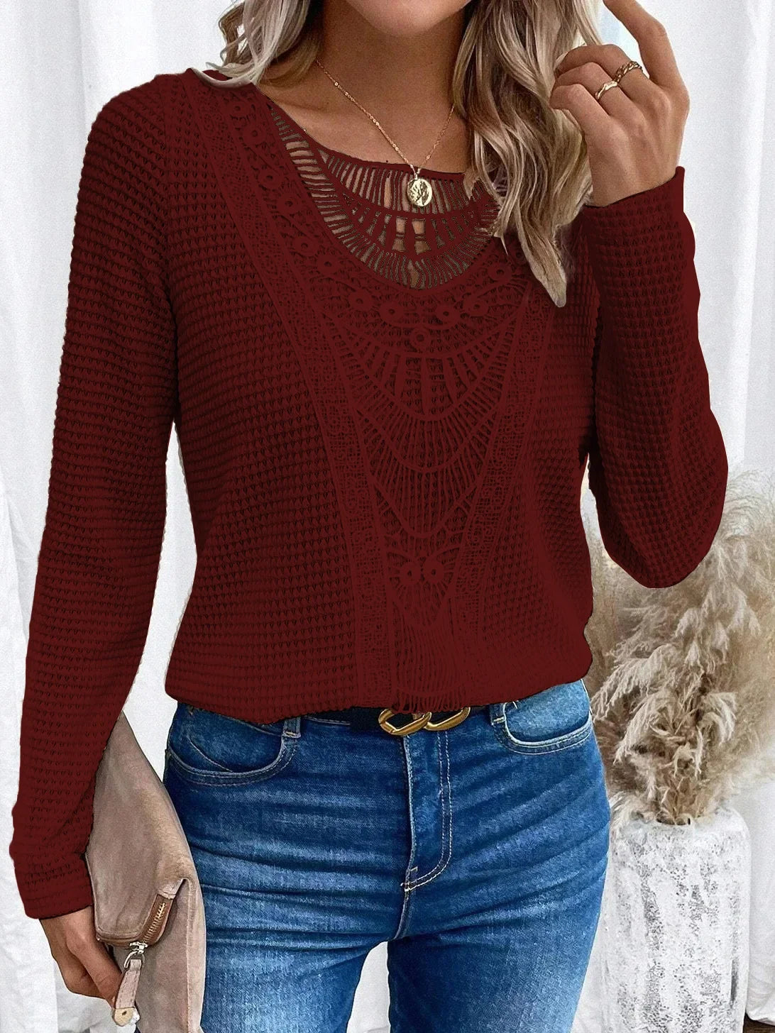 Effortless Waffle Knit Sweater for Women with Round Neck Long Sleeve Crochet Lace Boho Style