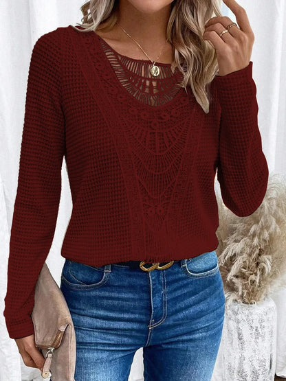Effortless Waffle Knit Sweater for Women with Round Neck Long Sleeve Crochet Lace Boho Style