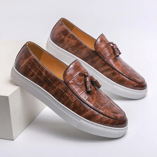 Stylish Croc Embossed Leather Tassel Loafers for Women with Round Toe Slip On Platform Sole Casual Style
