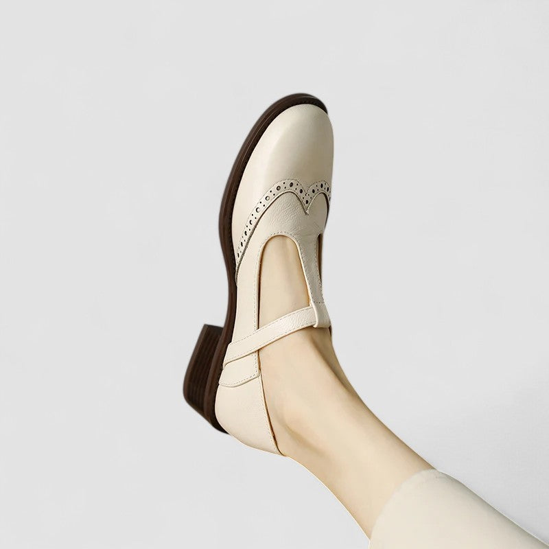Stylish Leather T Strap Oxford for Women with Wingtip Brogue Buckle Low Block Heel Style