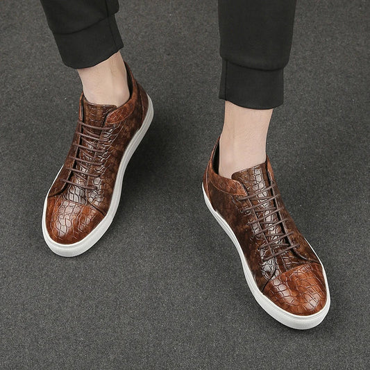Stylish Crocodile Embossed Leather Sneakers for Women with Lace Up High Top Casual Style