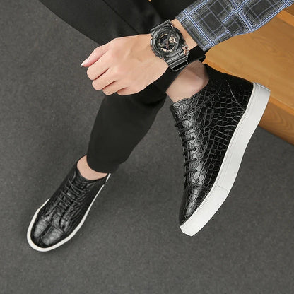 Stylish Crocodile Embossed Leather Sneakers for Women with Lace Up High Top Casual Style