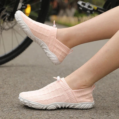 Comfortable Knit Slip On Sneaker for Women with Drawstring Closure Chunky Textured Sole Casual Style