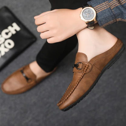 Elegant Leather Mule Loafers for Women with Silver Buckle Moc Toe Slip On Casual Style